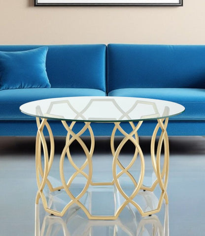 32" Clear And Gold Glass And Iron Round Coffee Table