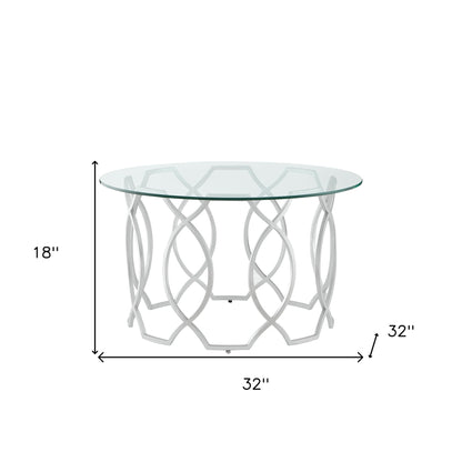 32" Clear And Silver Glass And Iron Round Coffee Table