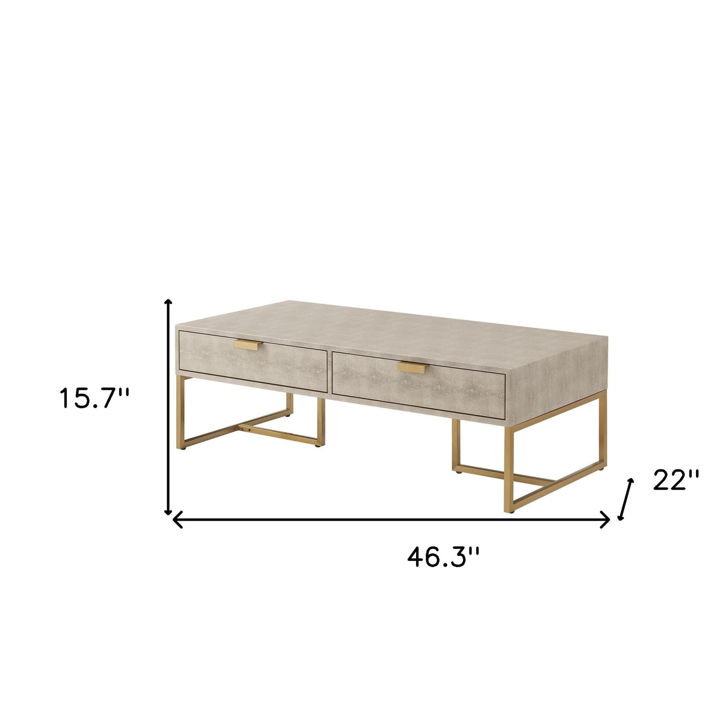 46" Cream And Gold Wood And Stainless Steel Coffee Table With Two Drawers