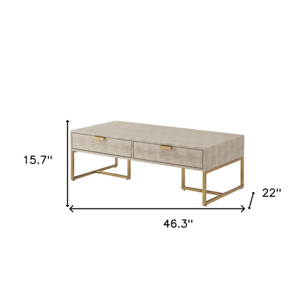 46" Cream And Gold Wood And Stainless Steel Coffee Table With Two Drawers