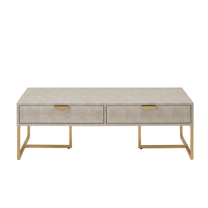 46" Cream And Gold Wood And Stainless Steel Coffee Table With Two Drawers