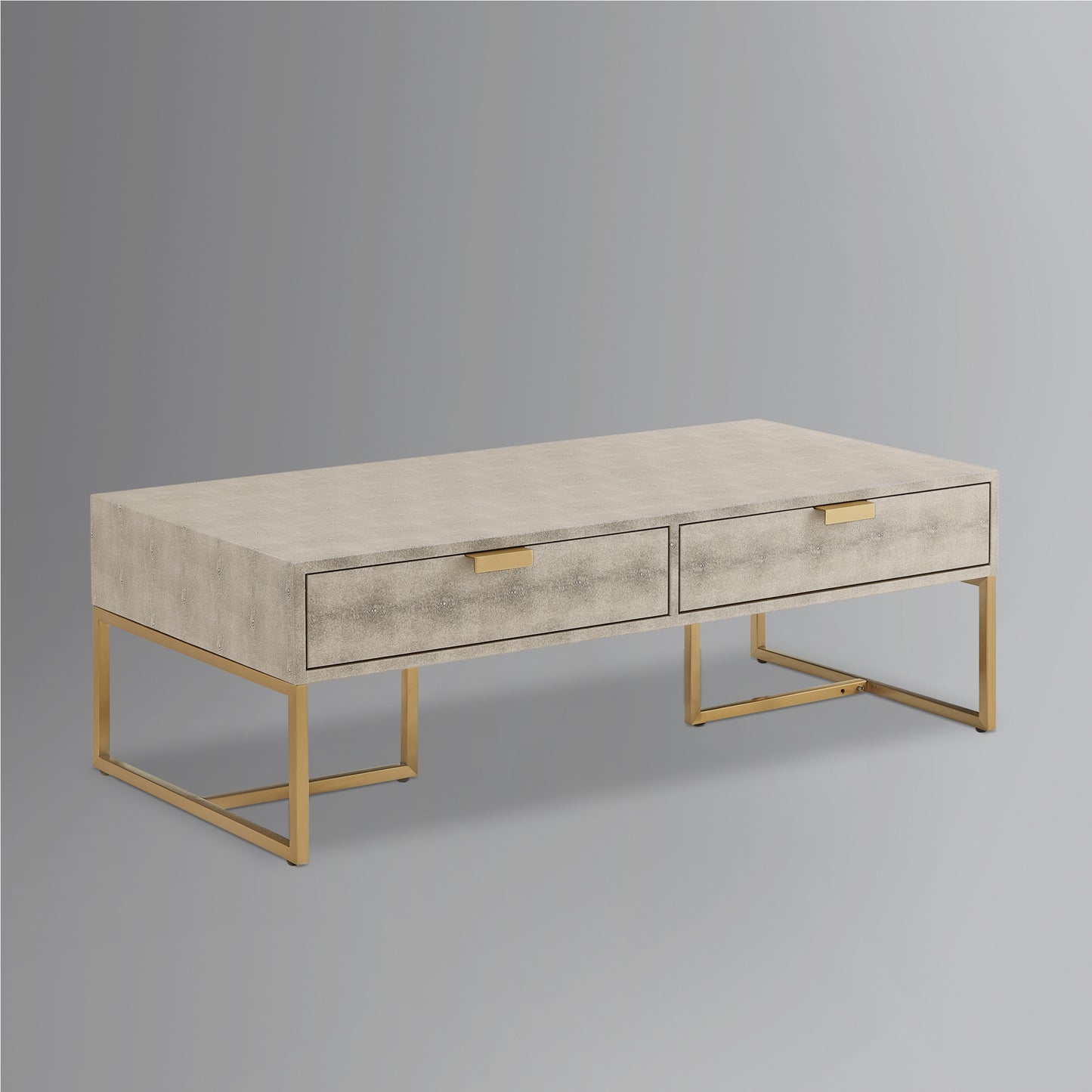 46" Cream And Gold Wood And Stainless Steel Coffee Table With Two Drawers