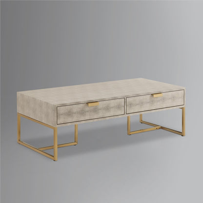 46" Cream And Gold Wood And Stainless Steel Coffee Table With Two Drawers