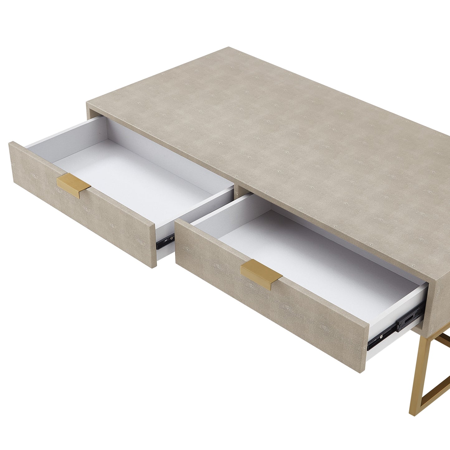 46" Cream And Gold Wood And Stainless Steel Coffee Table With Two Drawers