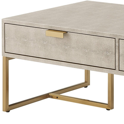 46" Cream And Gold Wood And Stainless Steel Coffee Table With Two Drawers