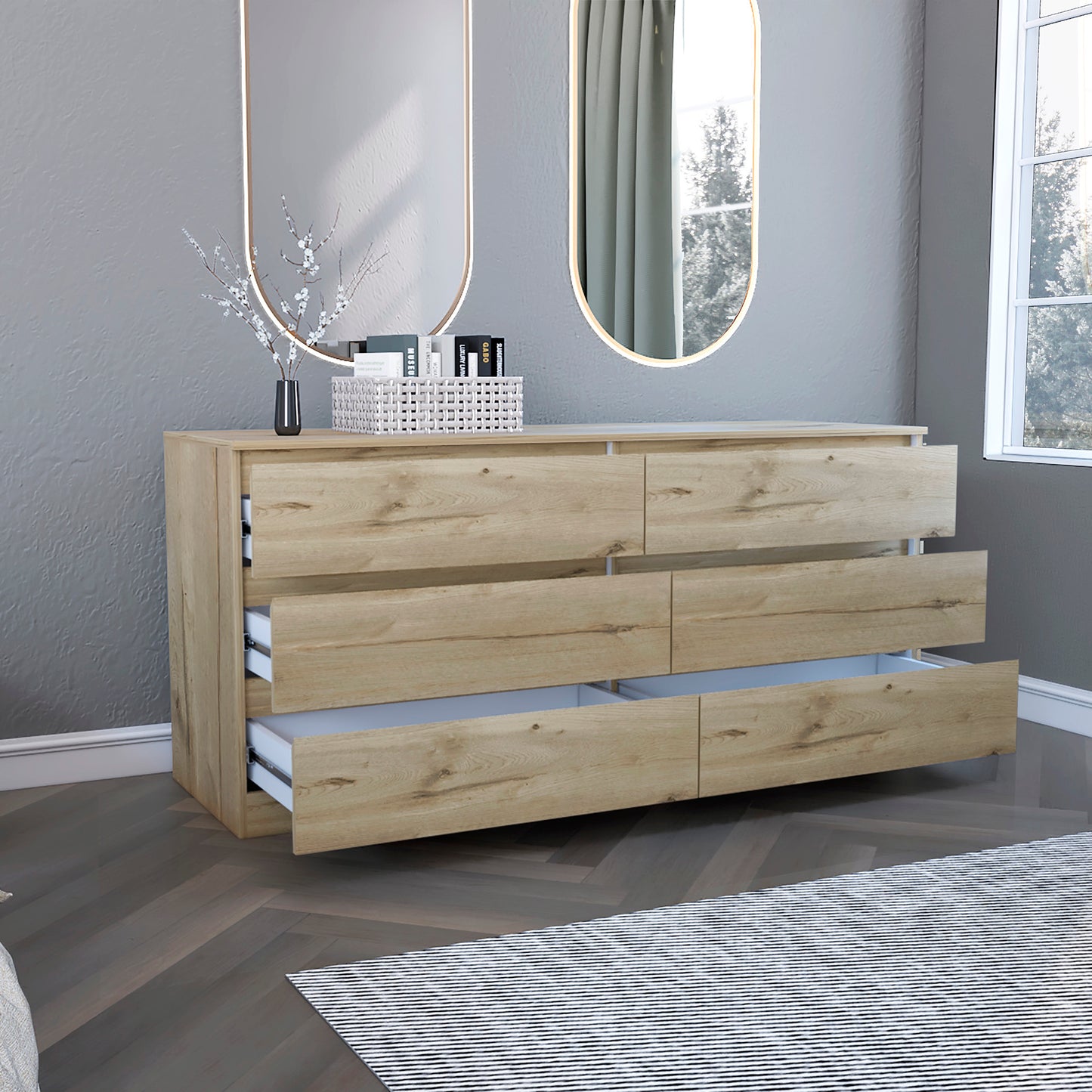 61" Natural Six Drawer Double Dresser