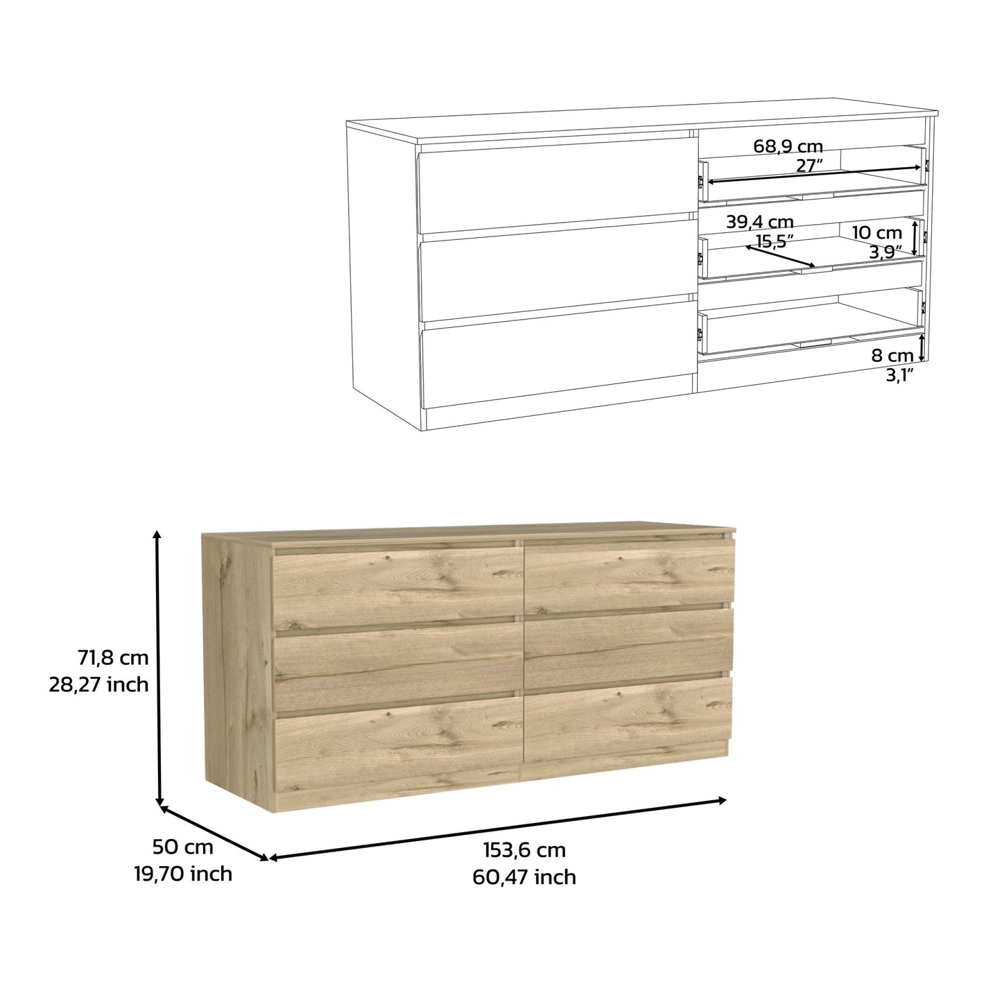 61" Natural Six Drawer Double Dresser