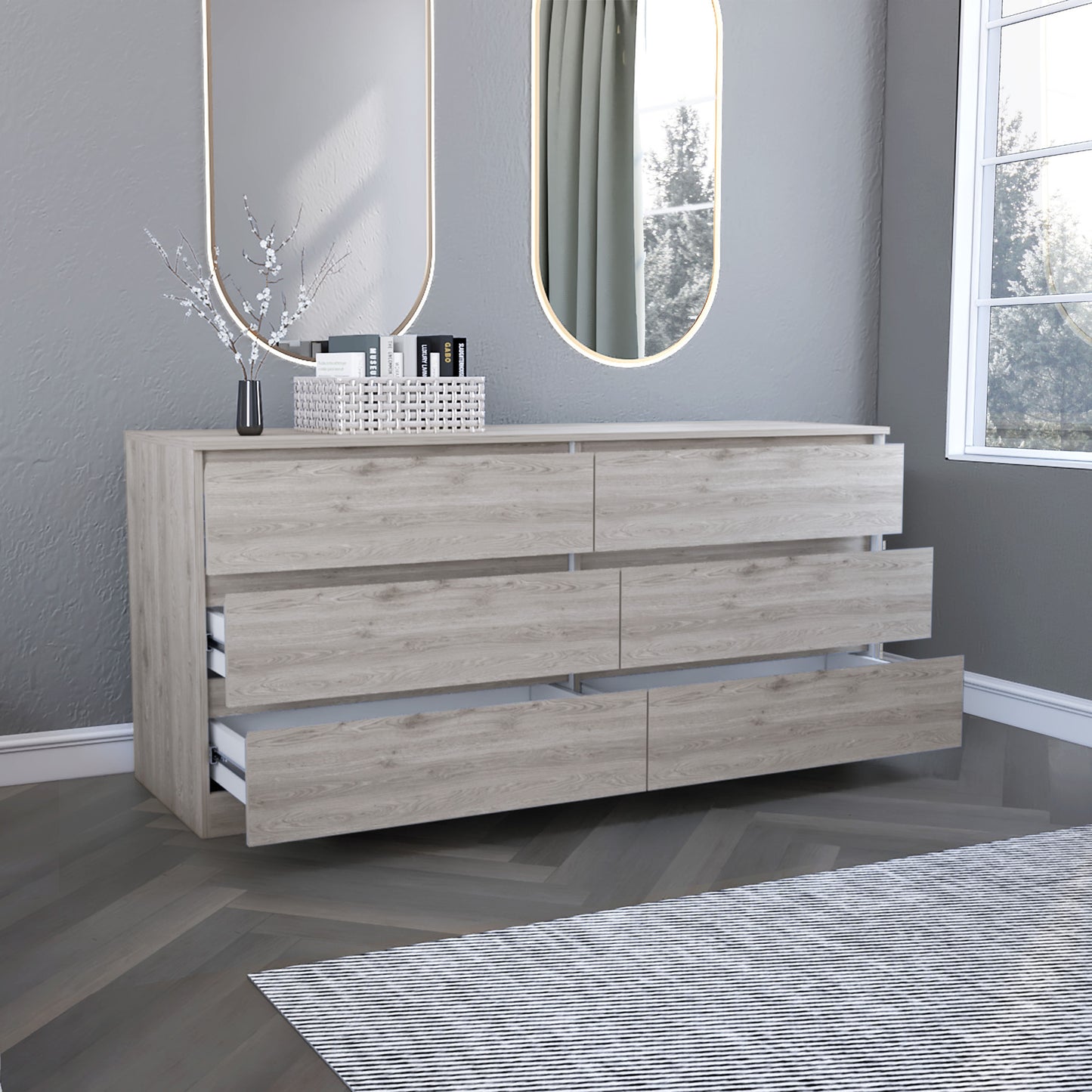 61" Light Gray Six Drawer Double Dresser