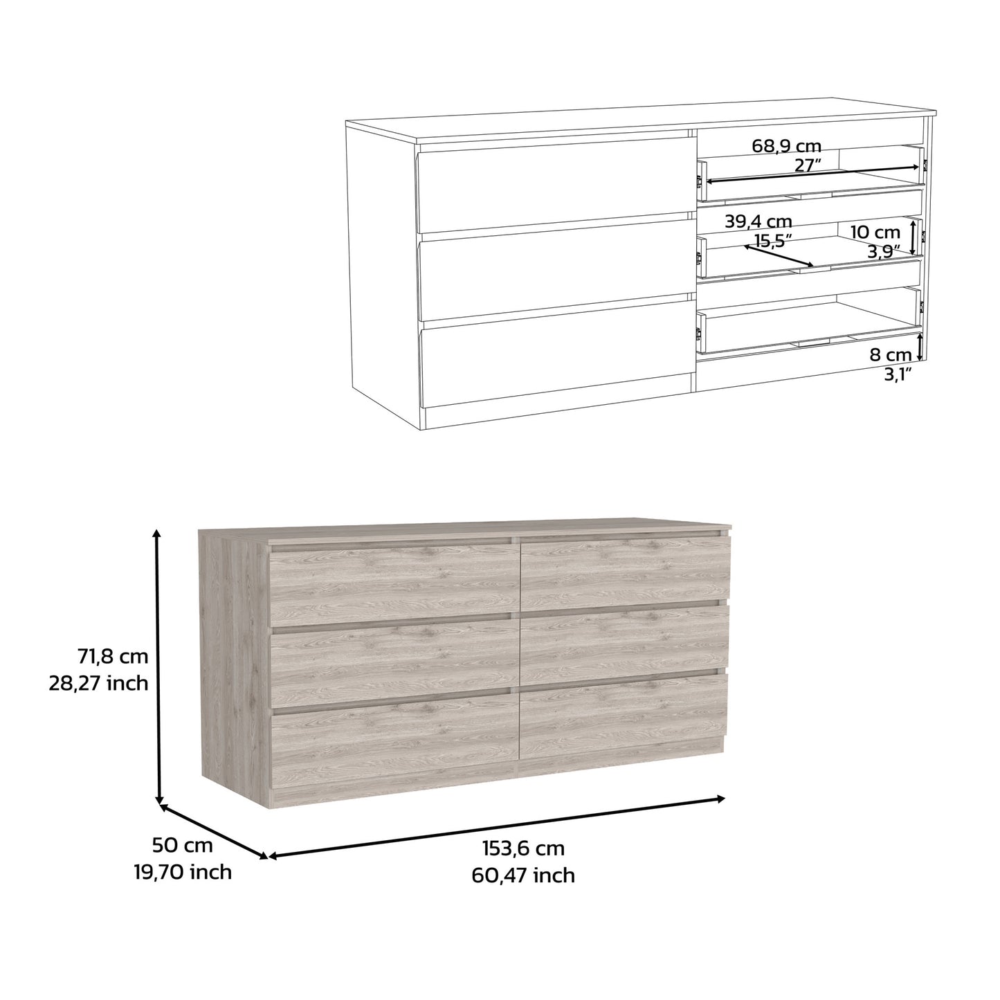 61" Light Gray Six Drawer Double Dresser