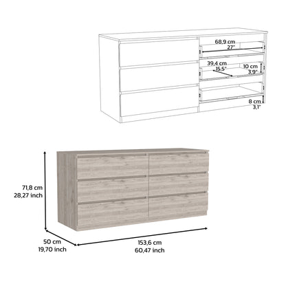 61" Light Gray Six Drawer Double Dresser