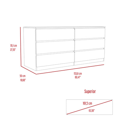 61" White Six Drawer Double Dresser