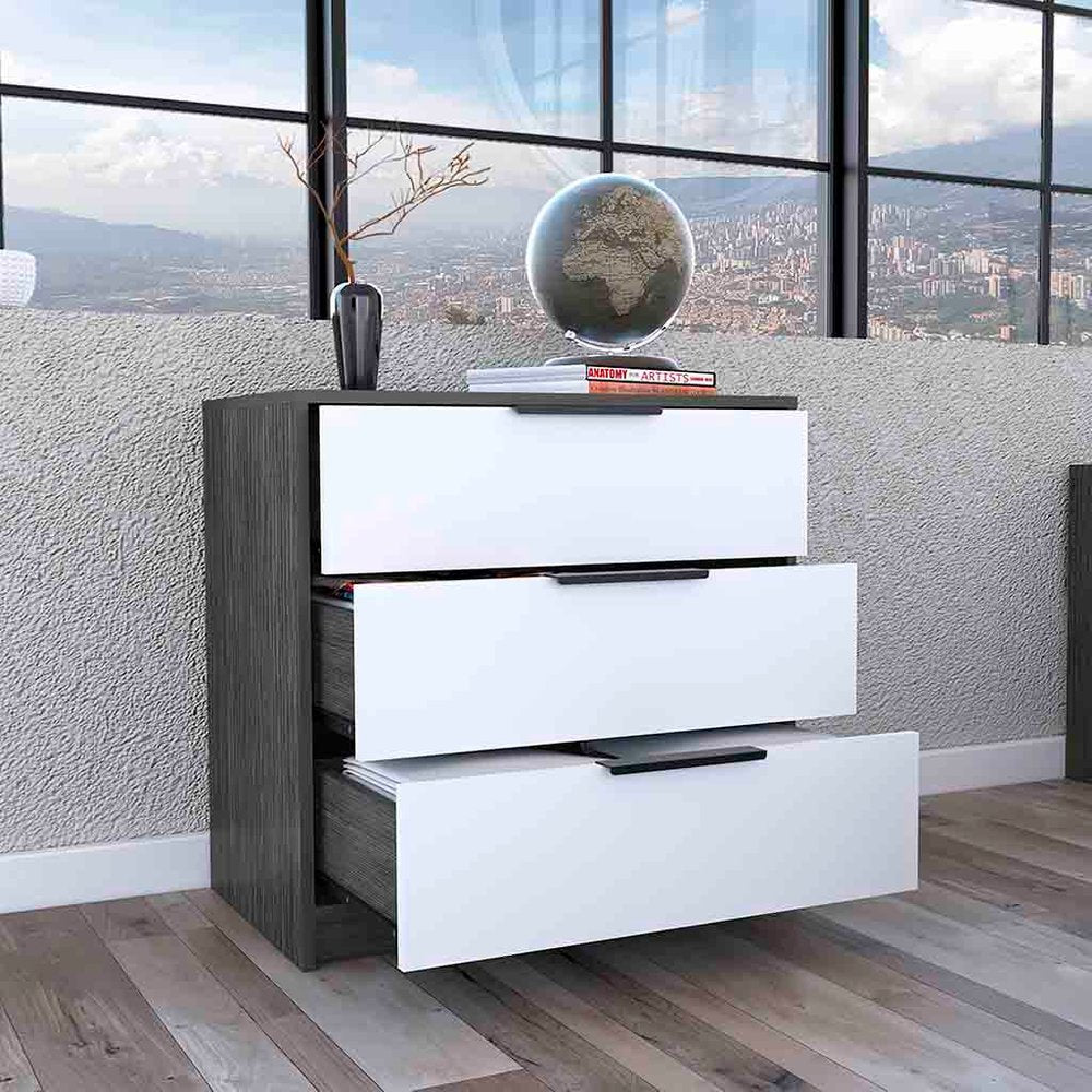 28" White And Gray Wood Three Drawer Dresser