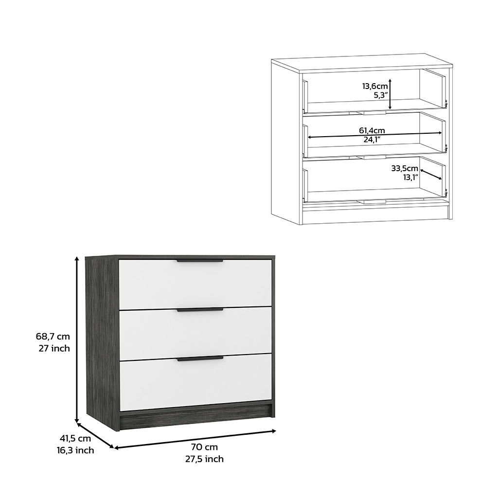 28" White and Gray Three Drawer Dresser