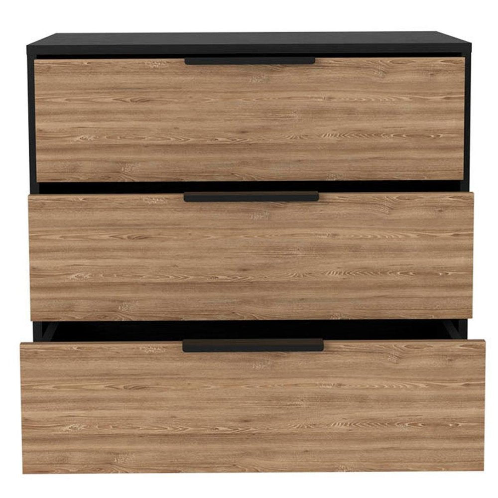 28" Black And Natural Wood Three Drawer Dresser