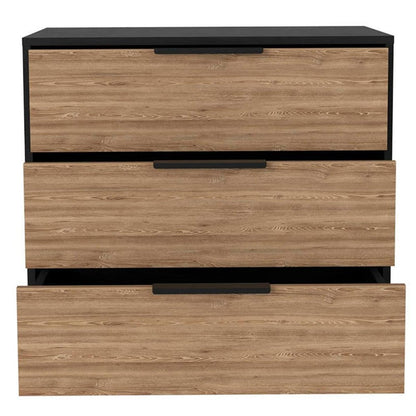 28" Black And Natural Wood Three Drawer Dresser