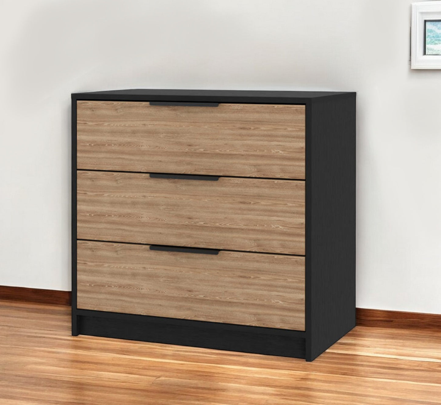 28" Natural and Black Three Drawer Dresser