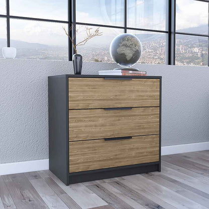 28" Natural And Black Wood Three Drawer Dresser