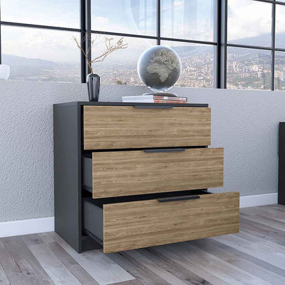 28" Natural And Black Wood Three Drawer Dresser