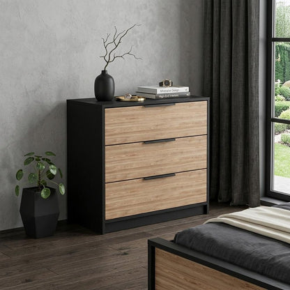 28" Black And Natural Wood Three Drawer Dresser