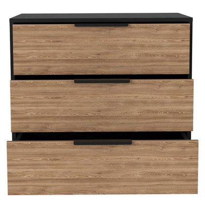 28" Black And Natural Wood Three Drawer Dresser