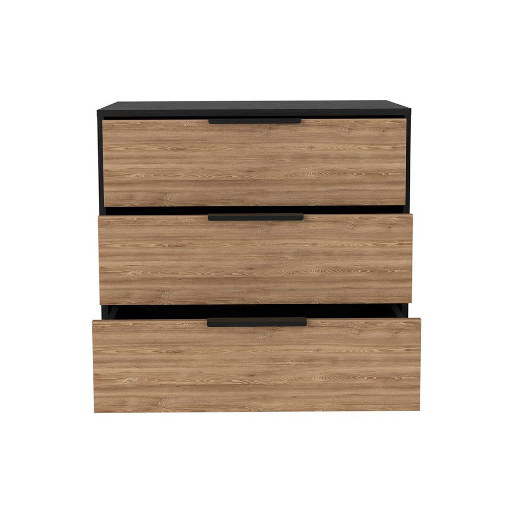 28" Natural And Black Wood Three Drawer Dresser