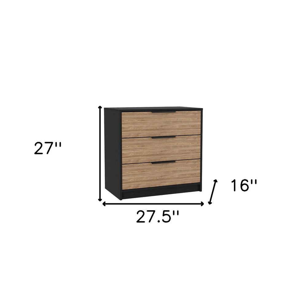 28" Natural And Black Wood Three Drawer Dresser
