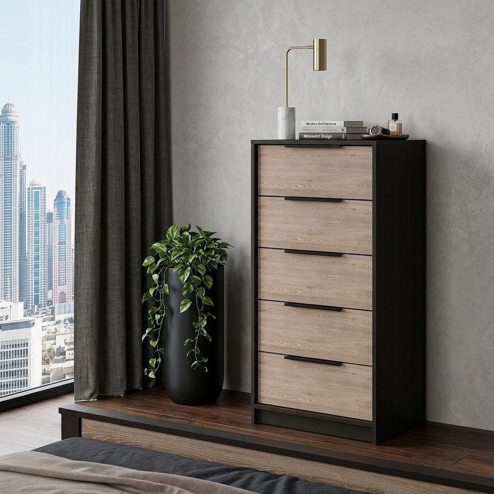 18" Brown and Black Five Drawer Standard Chest