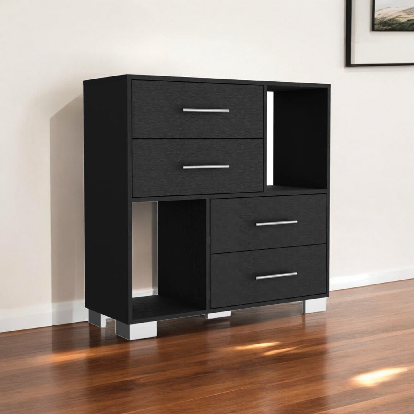 35" Black Four Drawer Dresser With Open Cubby Space