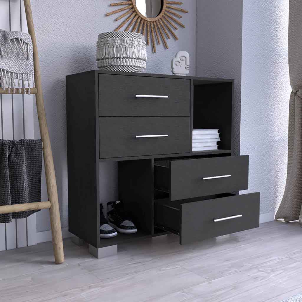 35" Black Four Drawer Dresser With Open Cubby Space