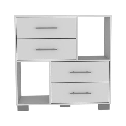 35" White Four Drawer Dresser With Open Cubby Space