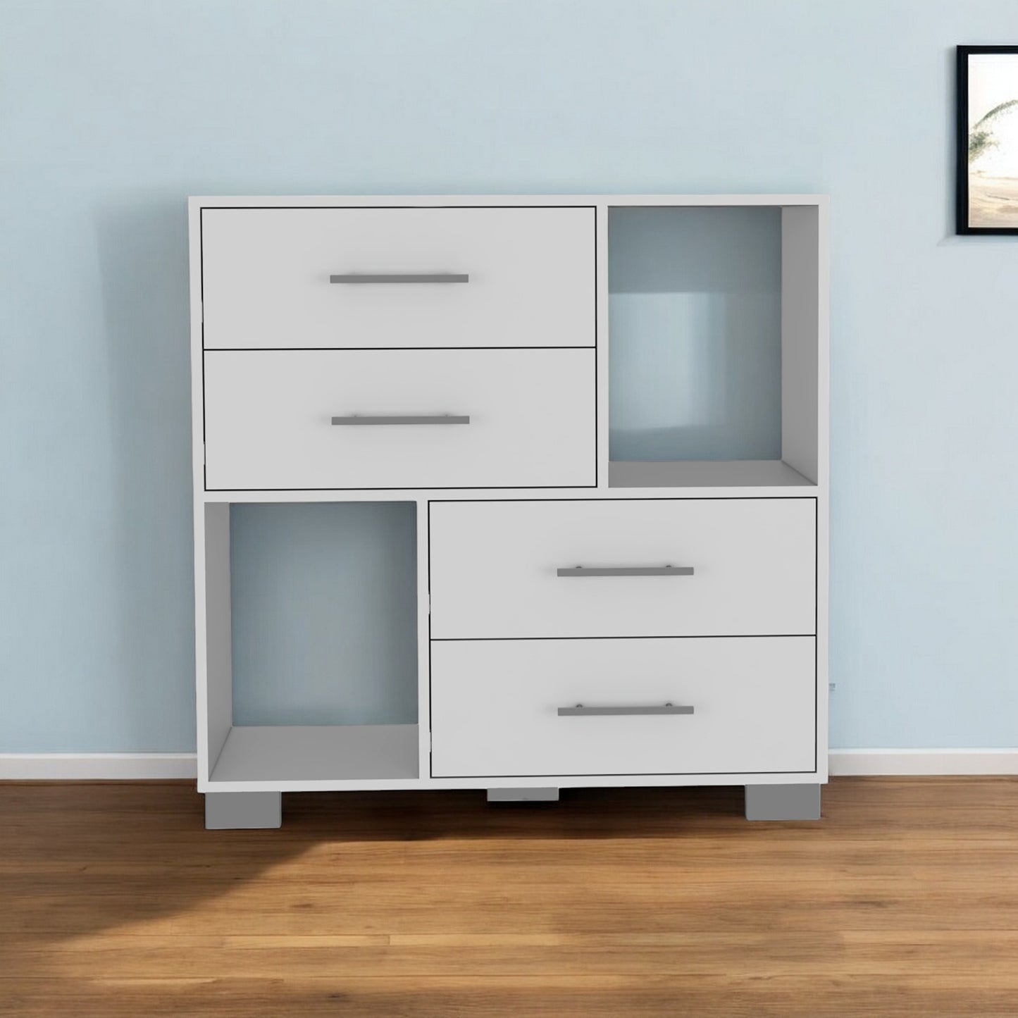 35" White Four Drawer Dresser With Open Cubby Space