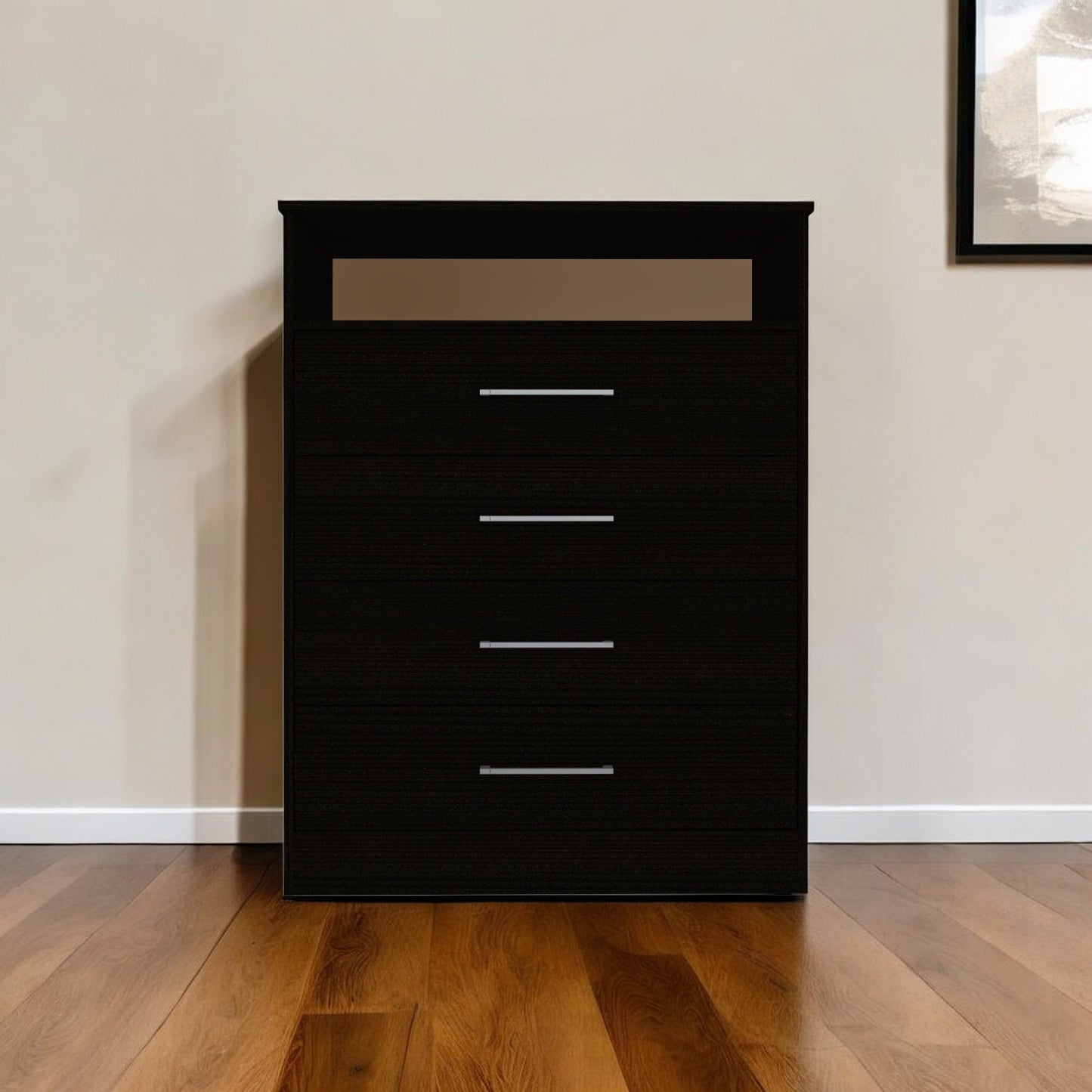 31" Black Four Drawer Dresser With Open Shelf