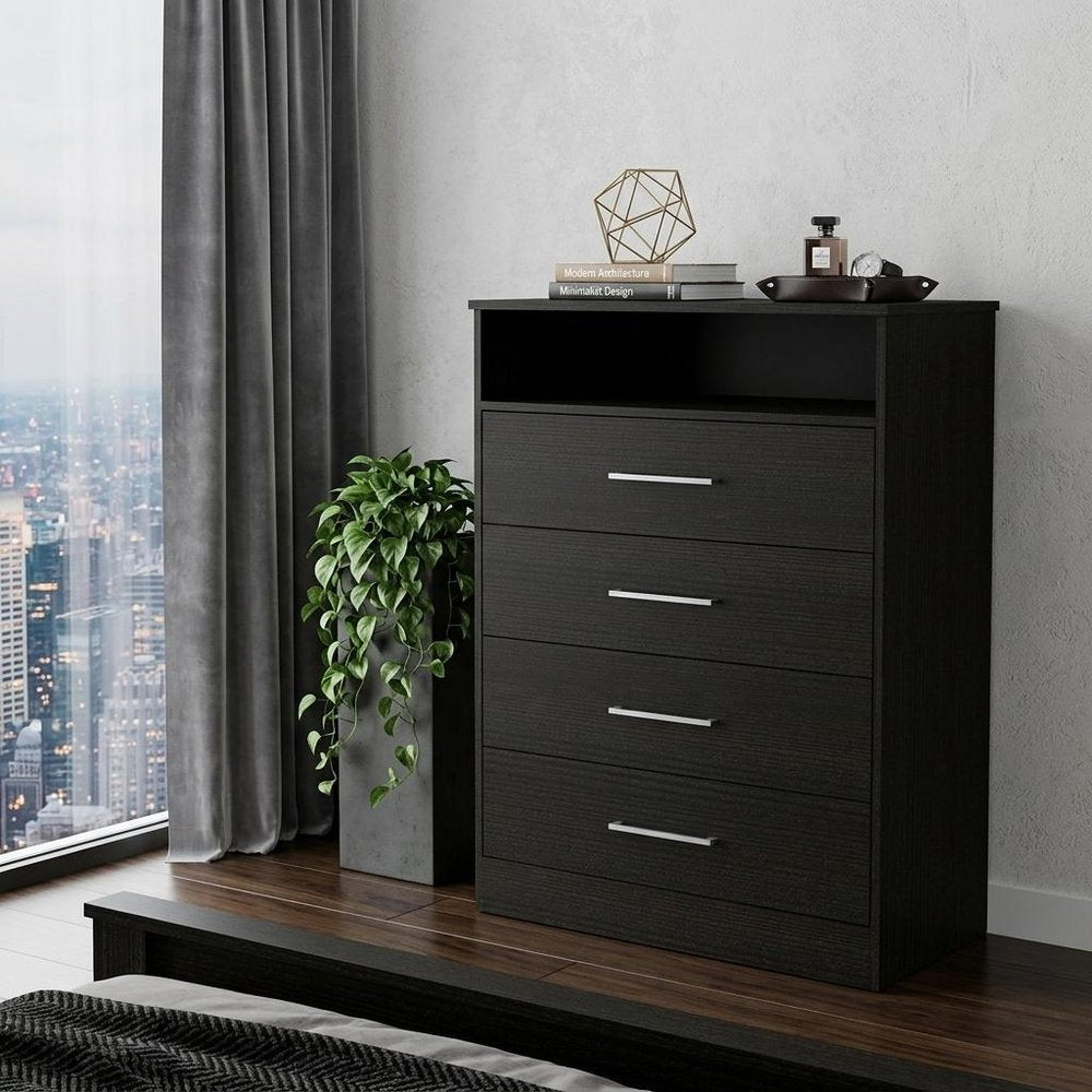 31" Black Four Drawer Dresser With Open Shelf