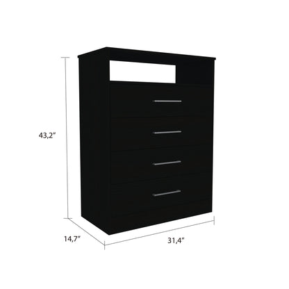 31" Black Four Drawer Dresser With Open Shelf