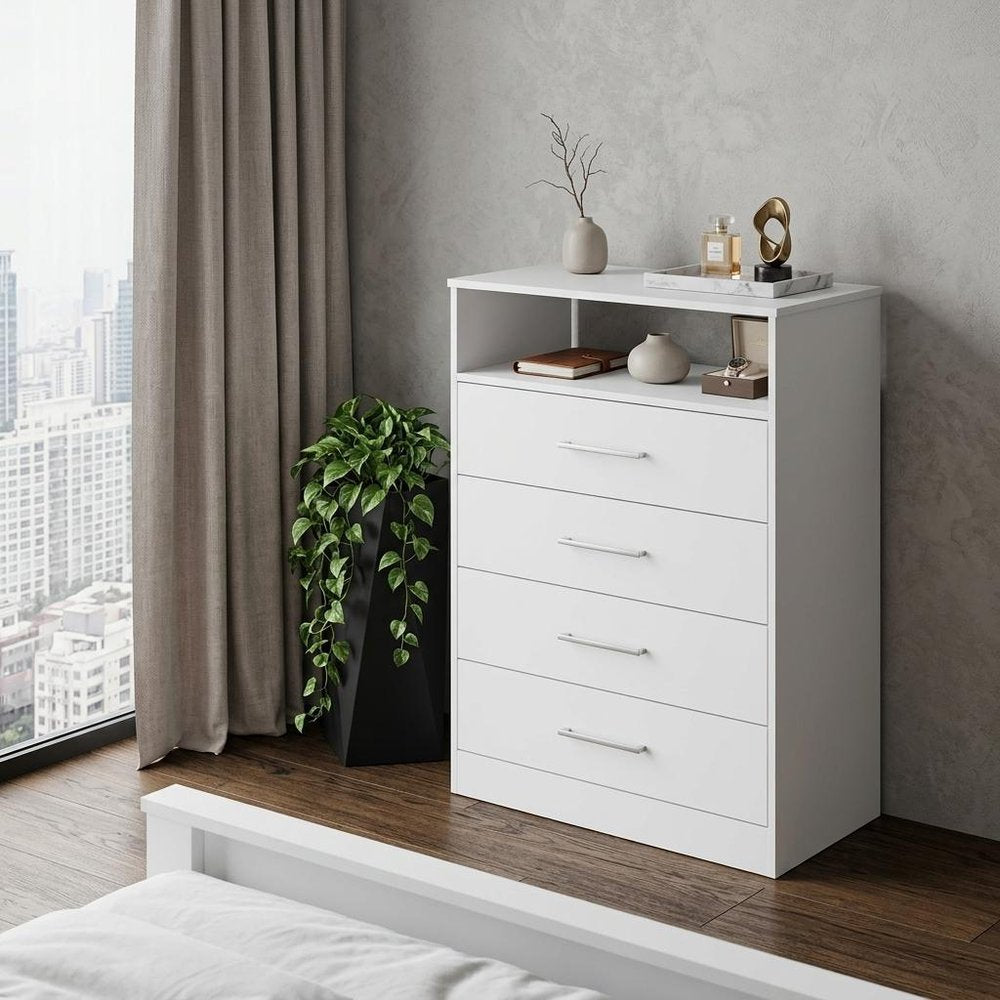 31" White Four Drawer Dresser With Open Shelf