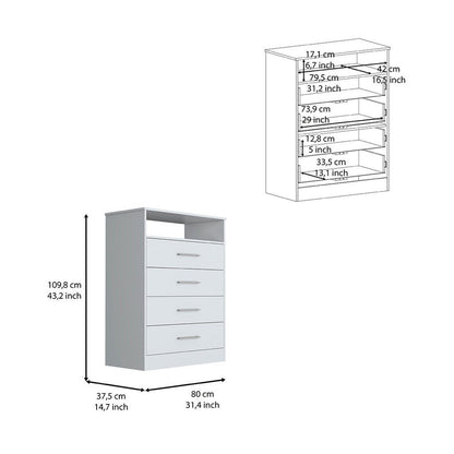 31" White Four Drawer Dresser With Open Shelf