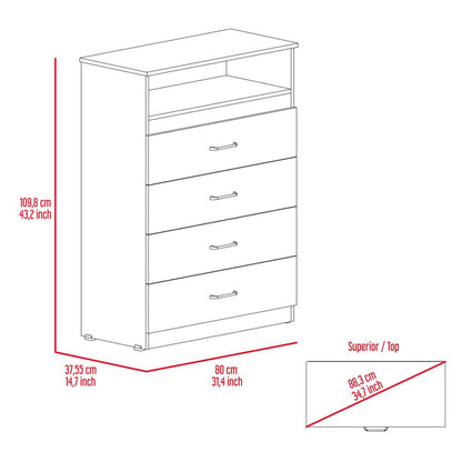 31" White Four Drawer Dresser With Open Shelf