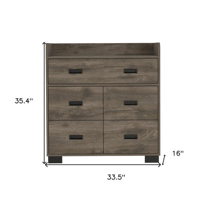 34" Dark Brown Wood Five Drawer Dresser