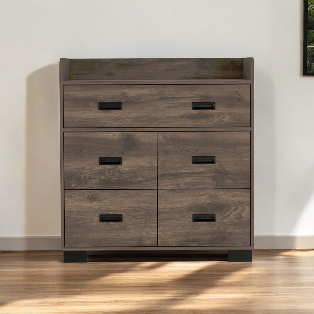 34" Dark Brown Wood Five Drawer Dresser