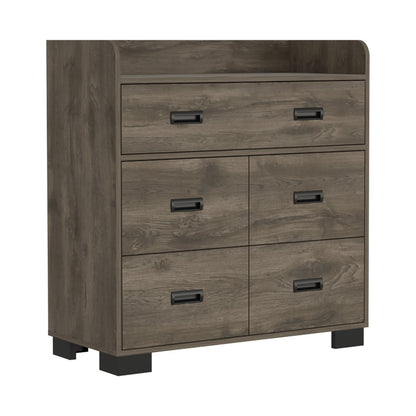 34" Dark Brown Wood Five Drawer Dresser