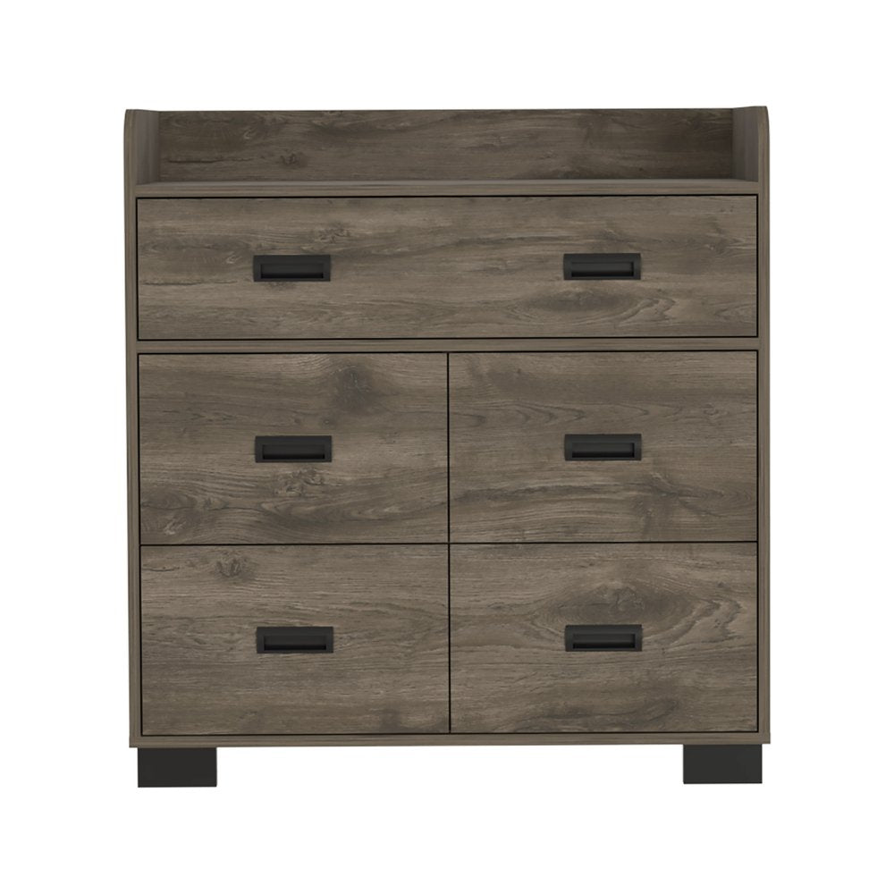 34" Dark Brown Wood Five Drawer Dresser