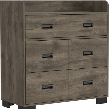 34" Dark Brown Wood Five Drawer Dresser