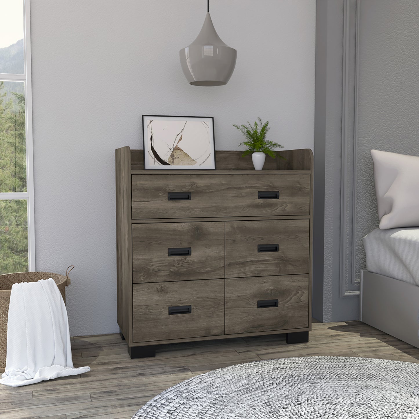 34" Dark Brown Five Drawer Dresser