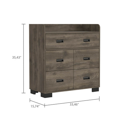 34" Dark Brown Five Drawer Dresser