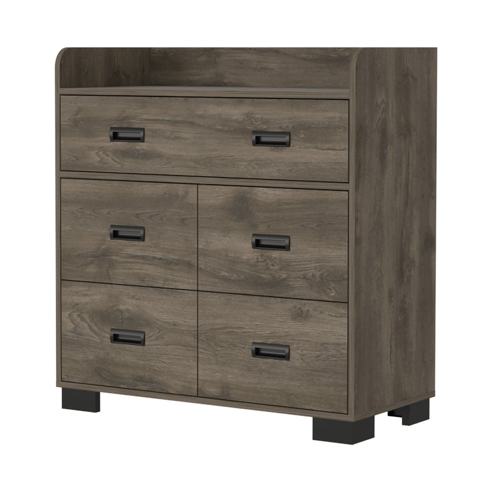 34" Dark Brown Wood Five Drawer Dresser