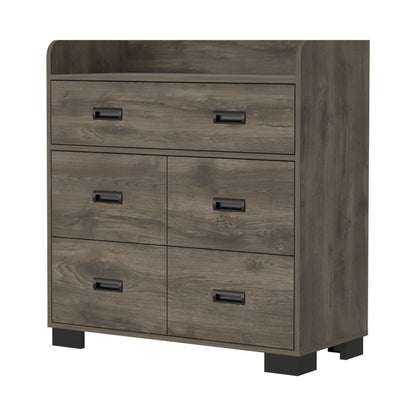 34" Dark Brown Wood Five Drawer Dresser