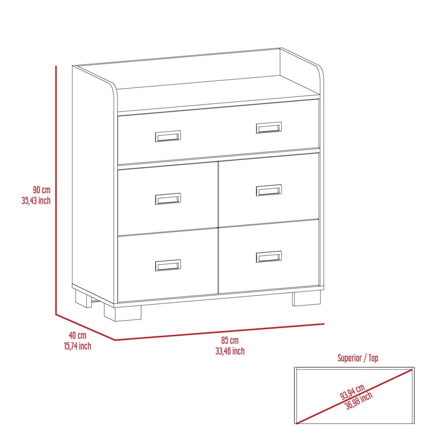 34" White Five Drawer Dresser