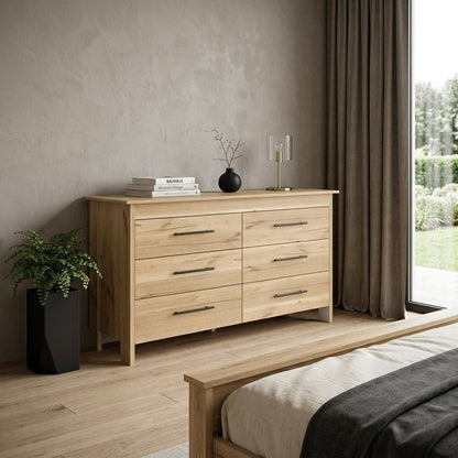 59" Natural Wood Six Drawer Double Dresser