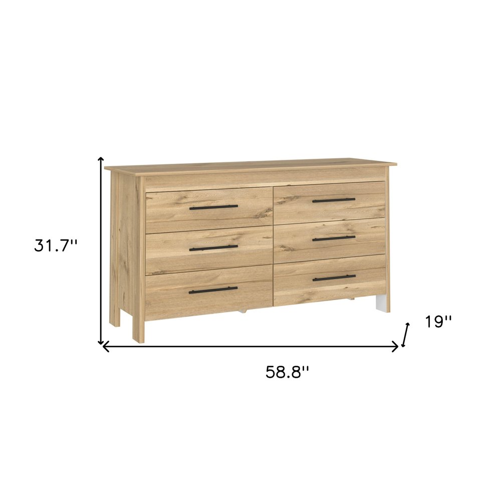 59" Natural Wood Six Drawer Double Dresser