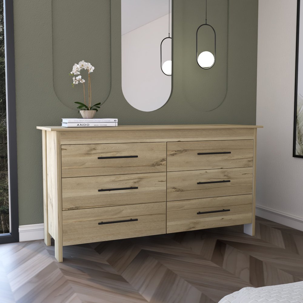59" Natural Wood Six Drawer Double Dresser